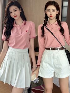Áo Thun Polo Tay Ngắn Mùa Xuân Hè 2025 Dành Cho Nữ Cổ Polo Ngắn Thể Thao Phong Cách Đại Học Màu Hồng Thường Ngày Cotton 95%