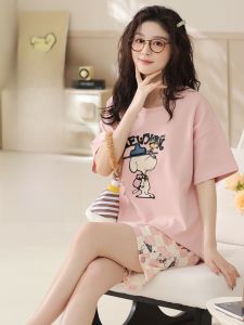 MiiOW | Bộ đồ ngủ cotton nguyên chất cho nữ có đệm ngực Bộ đồ ngủ mùa hè tay ngắn quần short quần dài cảm giác mát mẻ mặc ngoài trời