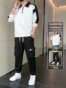 ROMON | Romon Mens Casual Sports Set Long Sleeve Polo Shirt Turn-down Collar Running Two-piece Set Autumn Season Polyester Fiber