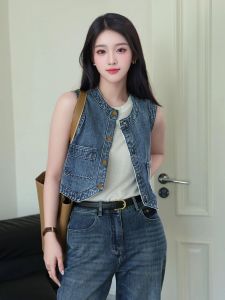 เสื้อกั๊กยีนส์ทรงเข้ารูปสไตล์ย้อนยุคสำหรับผู้หญิง คอกลม แขนกุด แฟชั่น ฤดูร้อน ไซส์ใหญ่ เสื้อคลุมกันหนาวแบบเปิด ผ้าเดนิม