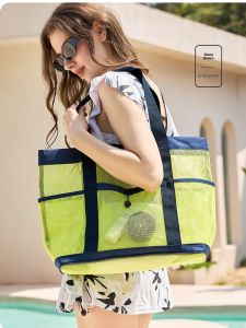 2024 New Large Capacity Mesh Handbag Portable Womens Beach Bag Swimming Shopping Storage Bag Fashionable Outdoor Carry-On