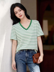 Basic House | Red Striped V-Neck Regular Fit T-Shirt Women Summer Youths