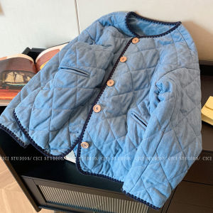 เสื้อแจ็คเก็ตผ้าฝ้ายสีน้ำเงินคอตั้งทรงหลวมสำหรับผู้หญิง ฤดูใบไม้ร่วง/ฤดูหนาว 2025 รุ่นใหม่ ทรงหลวม อบอุ่น ทรงหลวม แขนยาว ปกติ