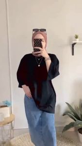 Atasan Basic Oversized Wanita: Top Kaos Polos NonBusui Hijab Friendly Lengan 7/8