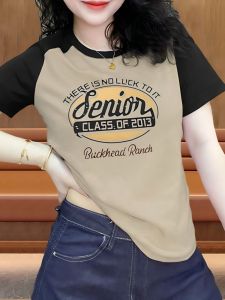 Summer New Womens Pure Cotton Short Sleeve T-shirt Slimming Concealing Fashionable Korean Style round Neck Top for Slim Figures