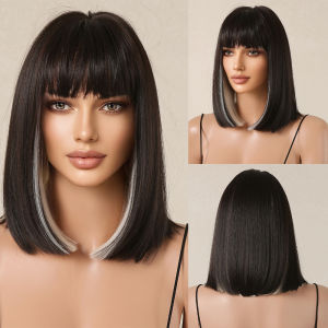 Short Straight Sliver Gray Blonde Synthetic Wig with Bangs for Women Gray Bob Hair Halloween Cosplay Party Wigs Heat Resistant