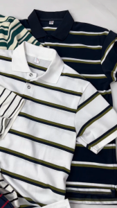 Pure cotton Yarm-dyed striped polo shirt Fashion casual loose American tops