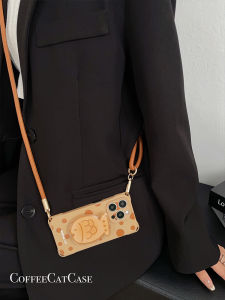 Cute Carp Cake Stand Adjustable Leather Lanyard Crossbody Phone Case Compatible with  16 Huawei Mate60 pro Xiaomi 14 Pura70 Brown Polka Dot