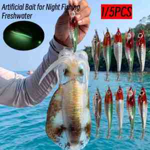 1/5PCS Laser Luminous Floating Horizontal Wood Shrimp Egi Lure Squid Jigging Shrimp Hook Octopus Cuttlefish Night Fishing Baits