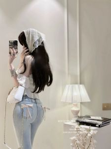 High Waist Cotton Stretch Denim Butterfly Knot Slim Fit Butt Enhancing Nine Point Pants Elegant All-Match Body Shaping Trousers