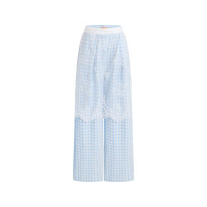 Lace & Plaid Stitched Womens Casual Pants Elastic Waist