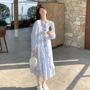 French Blue Dress Set Womens Spring Autumn New Style Super Beautiful Youthful Hollow out Cover up Two Piece Set Casual Wear
