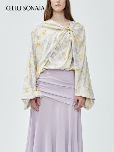 Cello Sonata | Elegant Loose Design Silk-like Printed Top with Dangling Gold Beads