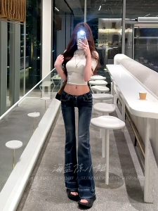 Retro American Blue Denim Jeans Womens Fall Hot Girl Low Waist Horse Hoof Pants Slimming Floor-Length Versatile Micro Flared Long Trousers