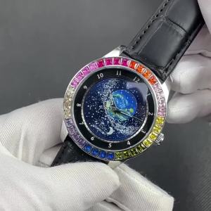Men colorful Diamond Automatic Mechanical Watch Full Luminous Moon Phase Transparent Case Back Genuine Leather Strap 45mm Dial