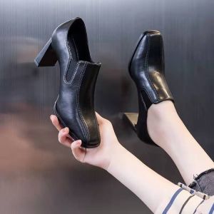 Black mid Heel High Heels Womens Shoes British Style Versatile Roman Style Flat Bottom Rubber Outsole Ultra Thin Fiber Lining