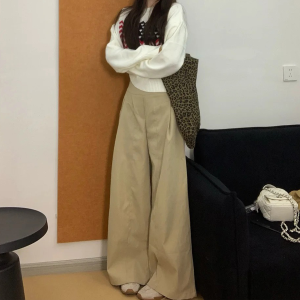 Khaki High Waist Casual Pants Womens plus Size Lengthened Loose Fit Floor-Length Trousers Autumn Fashion Slimming Cover-Up