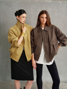 Classic Brown Suede Jacket Short Womens Leather Coat ZHOUMIAO Jennie Style Commute Loose Fit Long Sleeve Zipper Closure