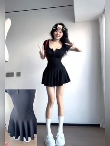 Luna Shop ชุดเดรสแขนสั้นเย็บกระดุมคอ U สำหรับผู้หญิงกระโปรงสั้นเอวสูงใส่แล้วดูผอมสำหรับฤดูร้อน