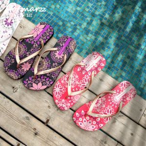 Hotmarzz Womens Summer Fashionable Flip Flops Anti-Slip Beach Shoes Plant Floral Pattern Flat Heel PVC Material Casual Slippers