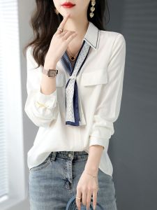 Elegant V-Neck Polo Collar Silk Scarf Shirt Womens Autumn Fashion Clearance Sale High Waist Long Pants Cotton Blend