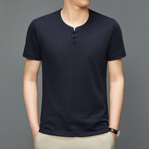 Romon Ice Silk Casual Short Sleeve T-Shirt Mens Button Decorated V-Neck Summer New Style Youth Fashion Anti-Wrinkle Cotton Blend