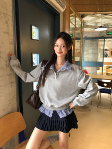 Spring Long Sleeve Polo Collar Hoodless Faux Layer Womens Sweater Jacket