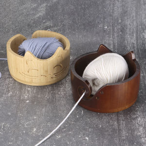 1pc Cat Shape Wooden Yarn Bowl Knitting Crochet Yarn Storage Holder Handcrafted Wool Yarn Wood Organizer with Yarn Guide Hole