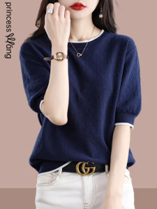 WANGGONGZHU | Princess Style Round Neck Short Sleeve Knitted Pure Cotton T-Shirt Womens Fashionable Simplistic Summer Top Korean Version