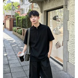 OUMULONG | Black Half Zipper Polo Style T-Shirt Short Sleeve