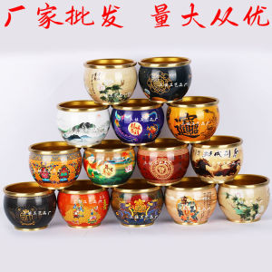 黄铜贴花聚宝盆聚宝缸百福铜缸纯黄铜米缸聚宝盆摆件客厅家居聚财小铜盆存钱罐八方来财马到成功摆件 Brass Decal Treasure Bowl Treasure Bowl Baifu Copper Bowl