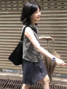 Original Design Sleeveless Belted Shirt Summer 2024 Slimming Effect Womens Top Vintage Style Checkered Pattern Other Material 100%