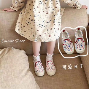 Kitty Canvas Slip-on Shoes For Girls น่ารัก การ์ตูน Nursery Shoes Anti-kick นุ่ม Bottom Non-slip Little สีขาว Shoes Kids Footwear