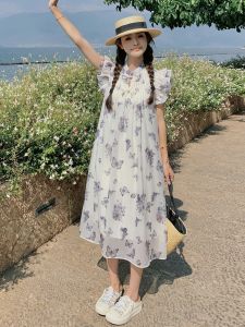 New Chinese Style Water-Mark Print Midi Dress Summer Womens Fleece Sleeve Vintage Small Size Midi Skirt High Waist A-Line Dress