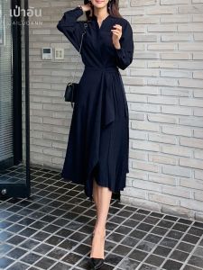 BAILUOANN | ชุดเดรสยาวทรงเอเข้ารูปสไตล์เกาหลี กระโปรงทรงเอเข้ารูป แขนยาว คอตั้ง กระดุมเดียว ทรงเข้ารูป เดรสยาวคลุมเข่า