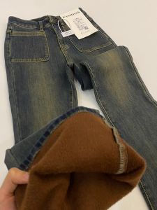 กางเกงยีนส์ทรงหลวมเอวสูงทรงเข้ารูปสำหรับผู้หญิง ฤดูใบไม้ร่วง/ฤดูหนาว กางเกงขายาวทรงเข้ารูปพิเศษไซส์ใหญ่ ขนแกะหนา กางเกงยีนส์ทรงเข้ารูปสีเทา