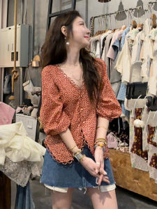 Retro Korean Design Polka Dot V-neck Short Sleeve Womens Shirt Casual Summer Fashionable Commute Style Loose Fit Top