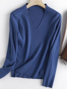 สลิมฟิต แขนยาว คอวี เสื้อผ้าถัก สีบริสุทธิ์ สไตล์สาวหวาน ผู้หญิง เสื้อท่อนบน ทันสมัย หลากหลาย ฤดูใบไม้ร่วง สินค้าใหม่