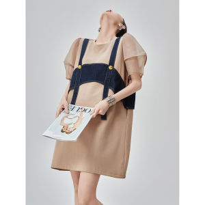 XIAODADEHUA | Kaki Denim Splicing Voile Lantern Sleeve Tunic Dress Medium Length
