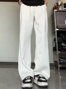 กางเกงวอร์มทรงตรงเอวสูงสำหรับผู้ชาย สีขาวเทา ทรงหลวม ทรงตรง ทรงยาว กางเกงขายาวลำลอง ฤดูใบไม้ร่วง