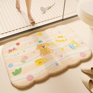 VIKAMA Cartoon Puppy Bathroom Mat Water Absorbing Anti Slip Wavy Edge Cute Cake Drink Pattern Entryway Mat Home Decor