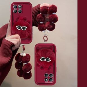 Phone Case Honor X6C HonorX6C Casing Stylish 3D Red Plush Coal Ball Couple with Pearl Plush Wristband Lens Protection Soft Back Cover 2025