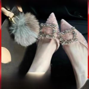 รองเท้าส้นสูงสีชมพูรองเท้าแต่งงานภาษาฝรั่งเศสคํา Rhinestone Square BUCKLE Fairy สไตล์ SHARP หัวเจ้าสาวส้นบางงานแต่งงาน < Ne1> รองเท้า