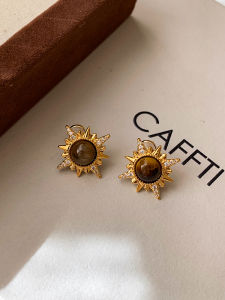 CAFFTI | Earrings Tigers Eye Gemstone Golden Sunflower Elegant Retro