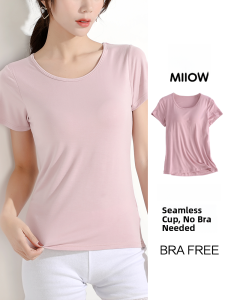 Miiow | Womens Cat Person T-shirt Short Sleeve Regular Shoulder Mid Sleeve Round Neck Integrated Chest Pad Base Layer One-piece Top