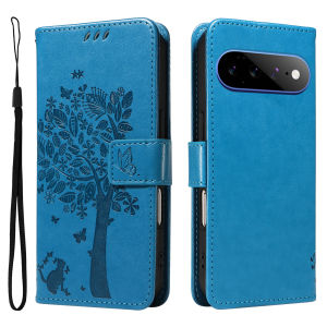 Leather Wallet Flip Case for Google Pixel 7 7A 8 8A 9 9A 10 10A 11 Pro XL | Cat Tree Embossed Design with Card Holder