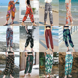 Summer Anti Mosquito Pants Womens Adult Colorful Pants Cool Sun Protection Ankle-Banded Knickerbockers Thin Ice Cotton Silk Thai Beach Pants