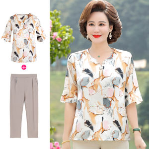 New 2025 Fashionable Summer Outfit Set for Middle-Aged Mothers Short Sleeve T-Shirt Womens Two-Piece Suit Elderly Fashion