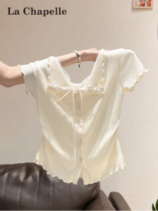La Chapelle | Apricot Color V-Neck Slim Fit Lace Trim Fake Two-Piece Tee