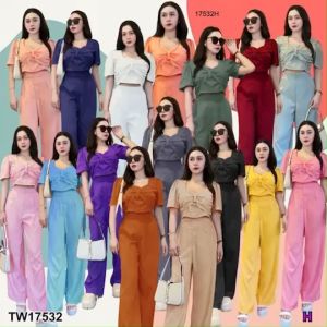 S17532 Set 2 ชิ้น เสื้อทรงครอปอกแต่งโบว์ + กางเกงขายาว